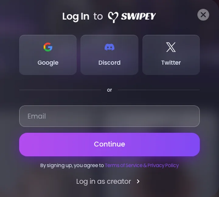 Swipey Log In window with Google, Discord and Twitter buttons and an email field
